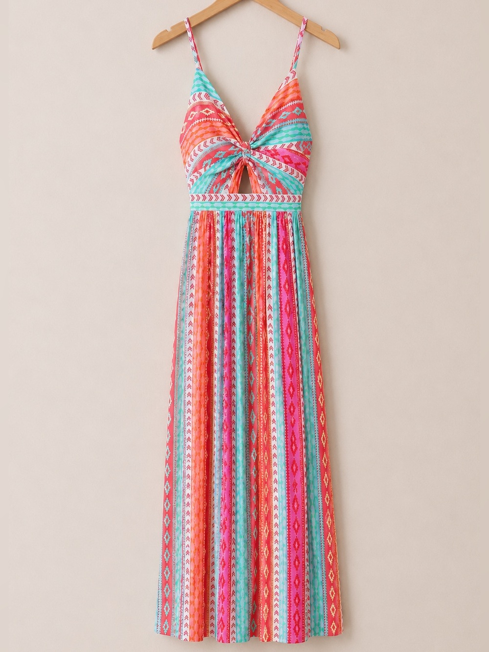 Striped Multicolor Maxi Dress with Cutout Front - Women